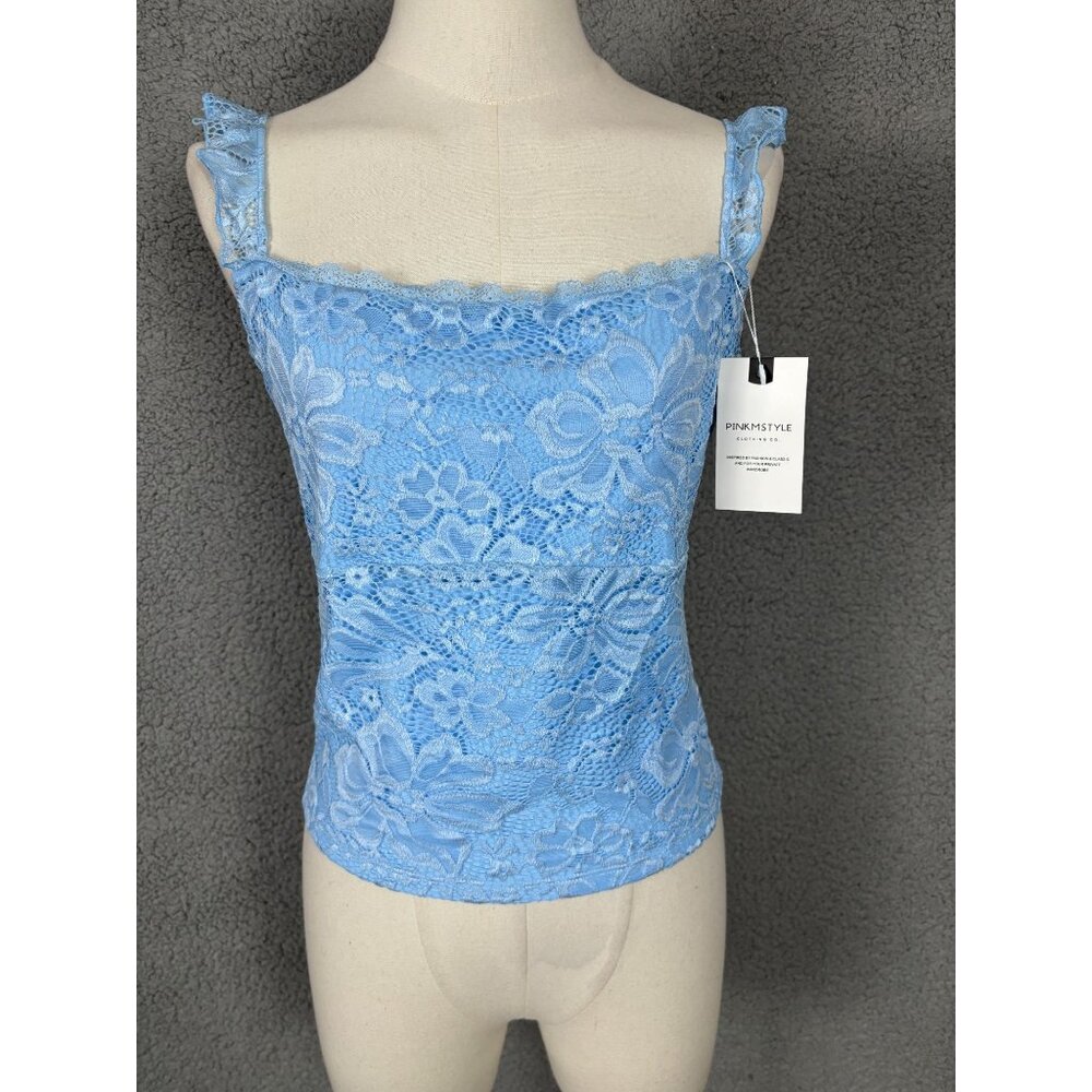 PINKMSTYLE Sexy Square Neck Blue Lace Cami Tank Fitted Double Lined Large NWT's